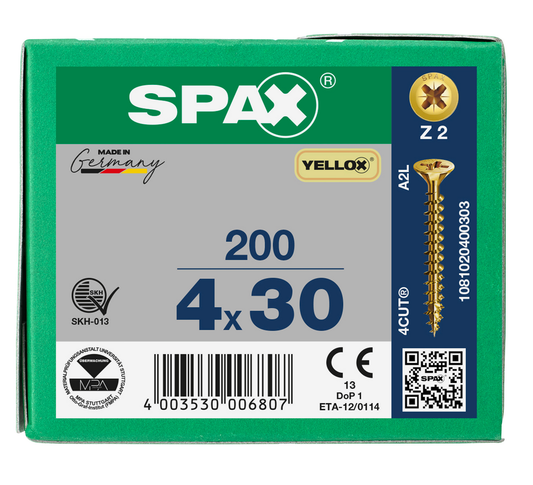 SPAX Yellox Pozi Screw 4.0 x 30mm - Box of 200