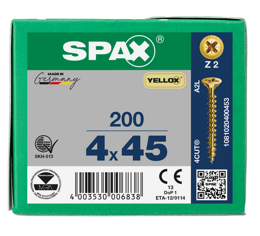 SPAX Yellox Pozi Screw 4.0 x 45mm - Box of 200