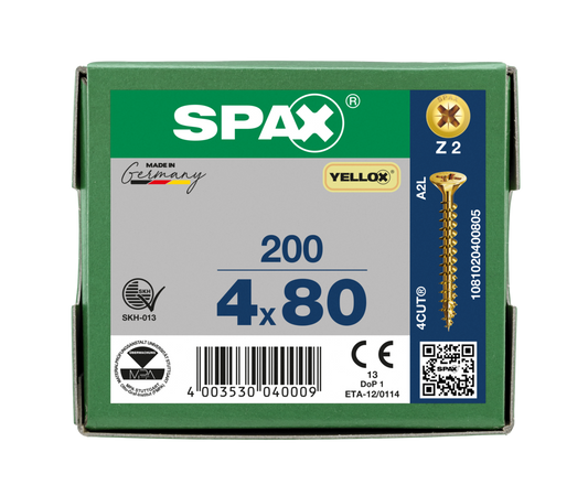 SPAX Yellox Pozi Screw 4.0 x 80mm - Box of 100