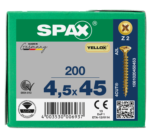 SPAX Yellox Pozi Screw 4.5 x 45mm - Box of 200