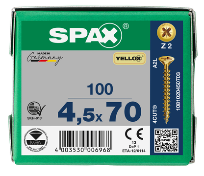 SPAX Yellox Pozi Screw 4.5 x 70mm - Box of 100
