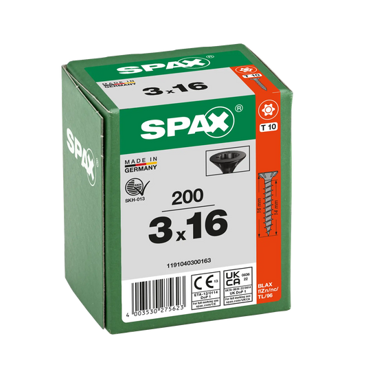 SPAX Black Torx T10 Screw 3.0 x 16mm - Box of 200