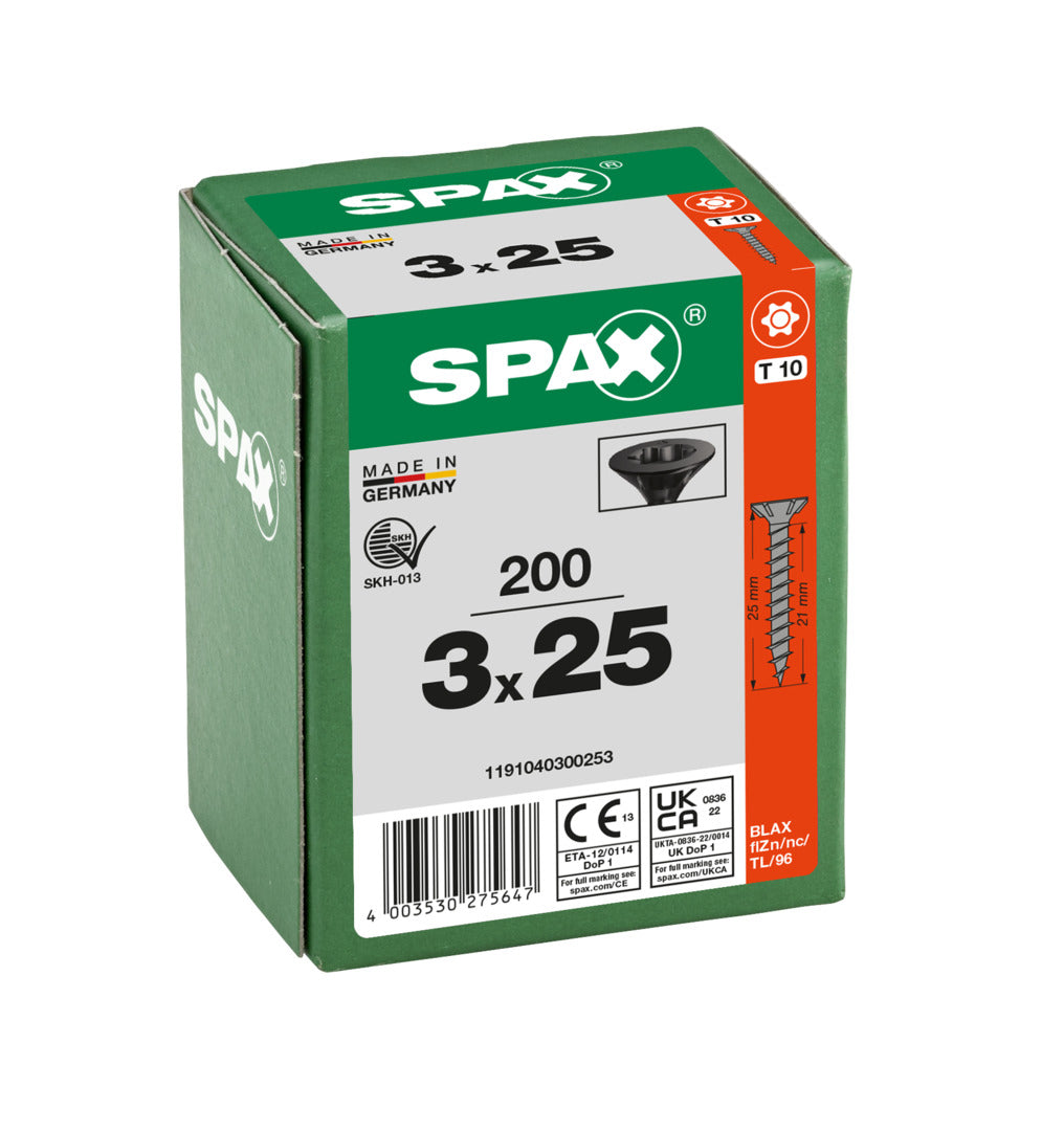 SPAX Black Torx Screw 3.0 x 25mm T10 - Box of 200