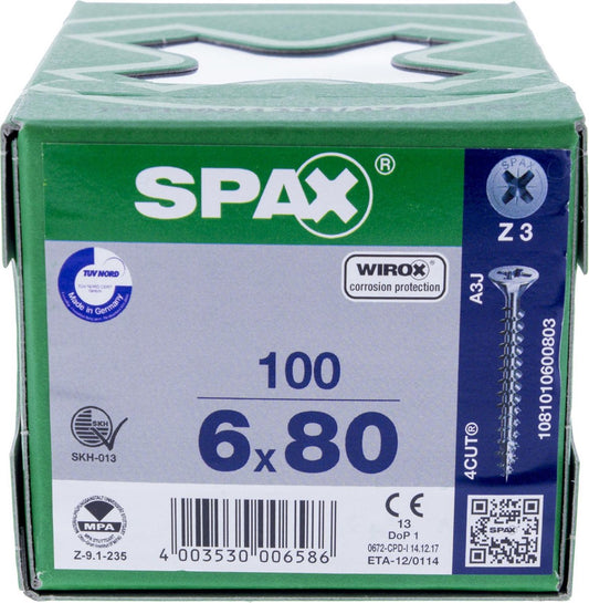 SPAX Wirox Pozi Screw 6.0 x 80mm - Box of 100